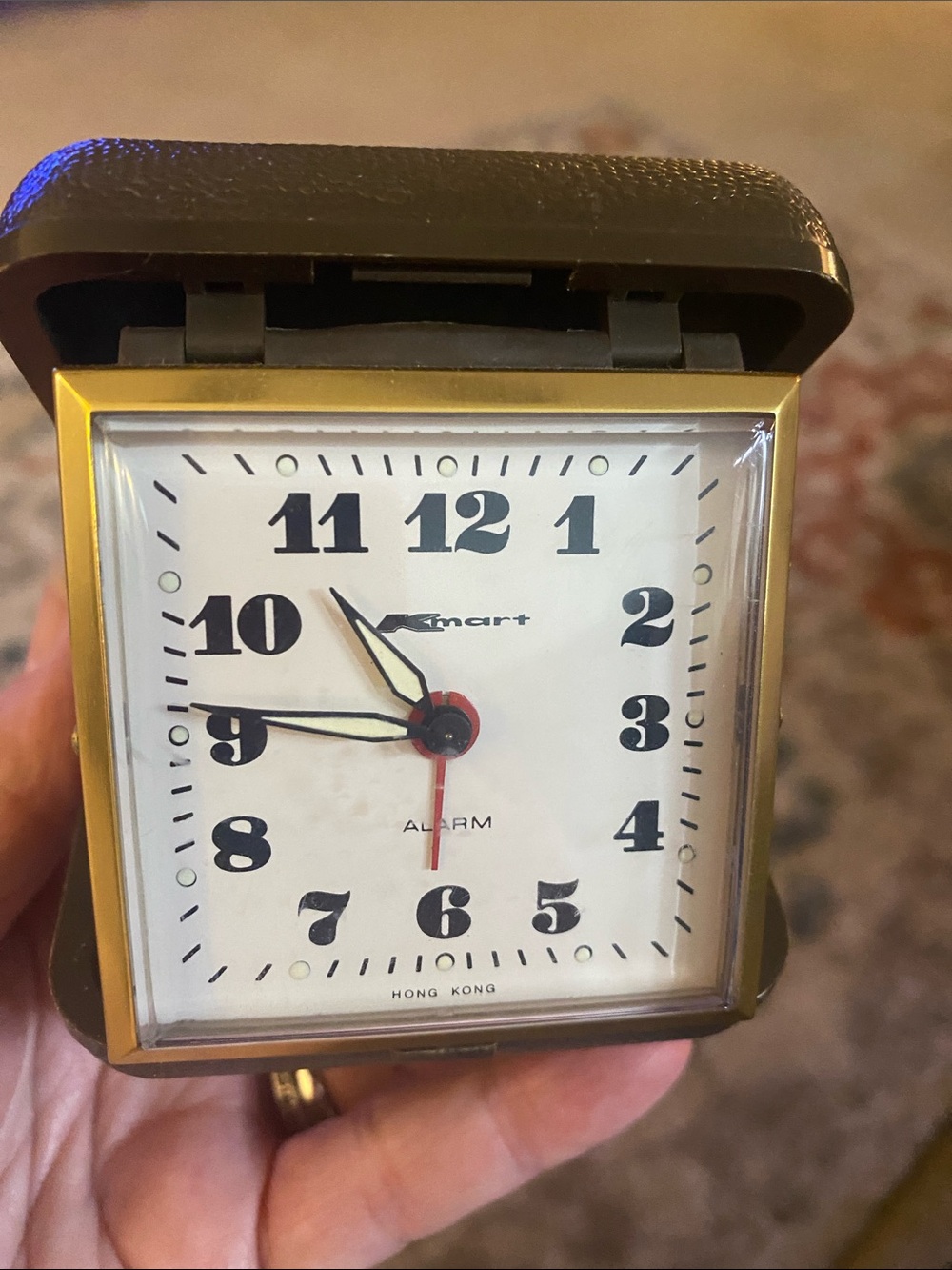Vintage Kmart Travel Alarm Clock w/Case - Brown and Gold - IT WORKS! 3”x3”